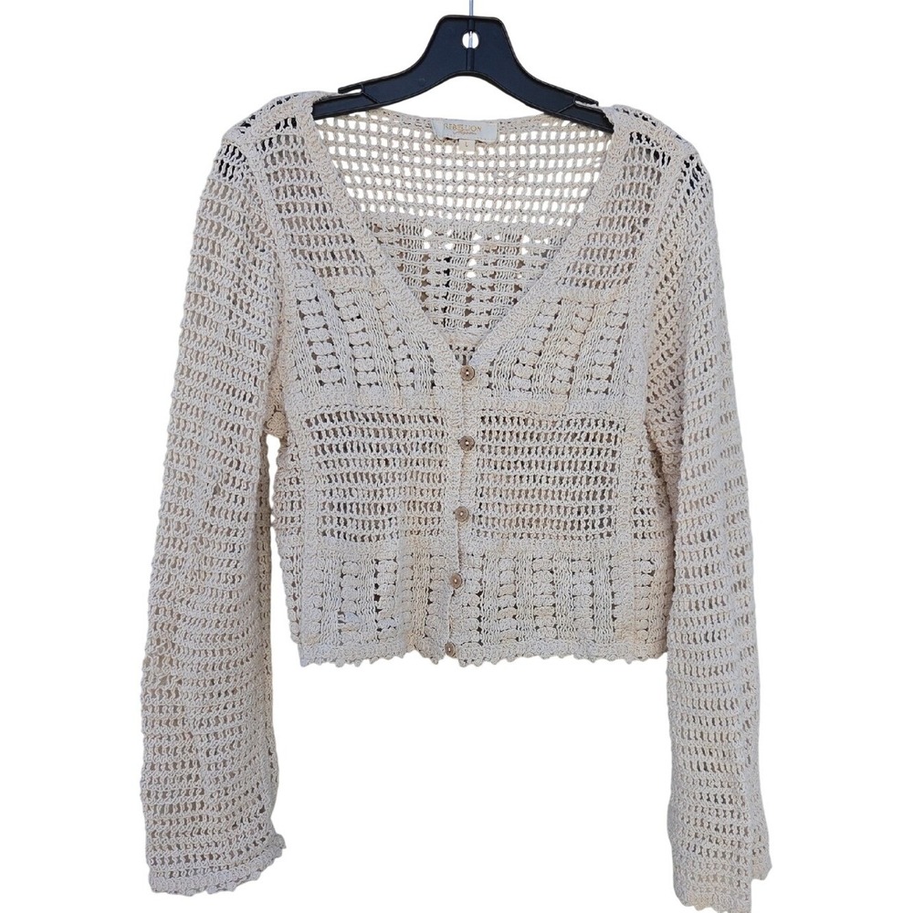 Boho Crocheted Cotton Woodland Granny Cardigan Large Flare Forrest Fairy Neutral